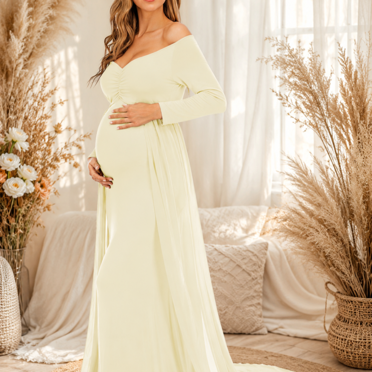 Vestido maternal hombros descubiertos con capa para sesión de fotos