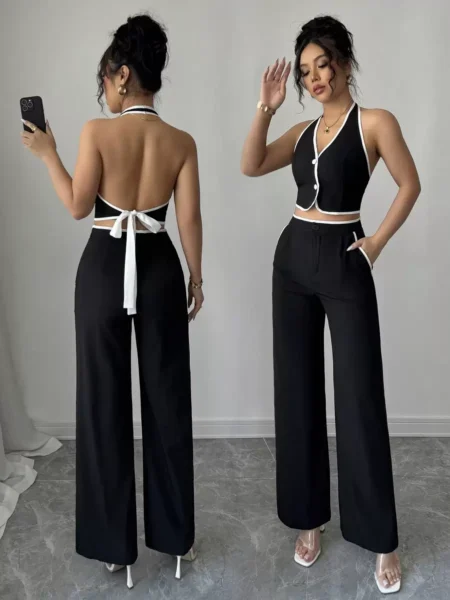 Conjunto de Top halter y Pantalon liso pierna ancha