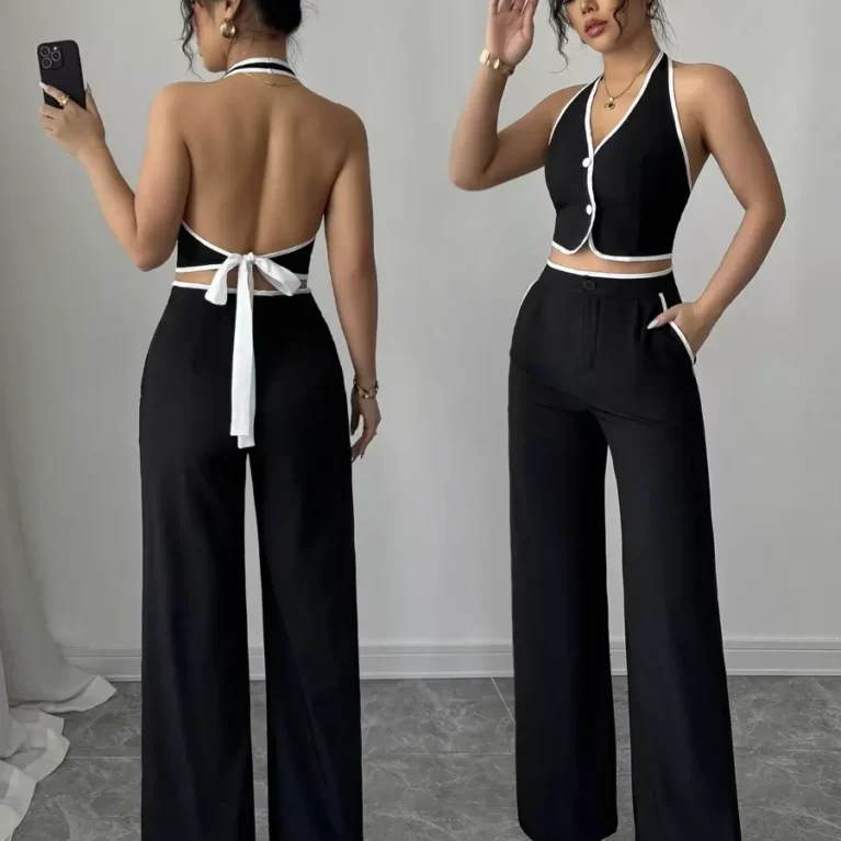 Conjunto de Top halter y Pantalon liso pierna ancha