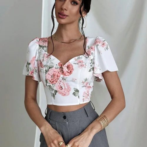 Blusa corta floral de espalda descubierta con lazo