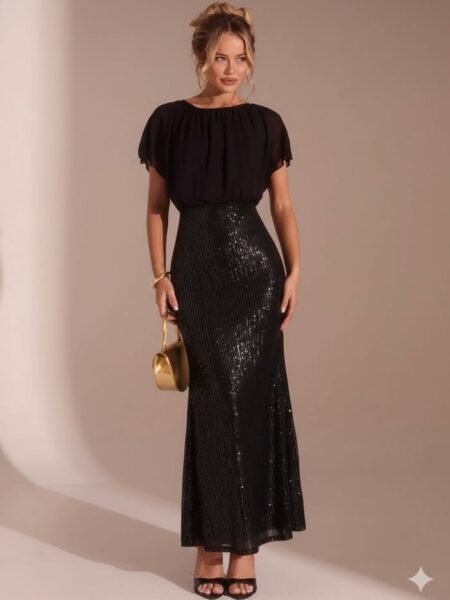 Vestido estilo sirena manga corta con lentejuelas en falda