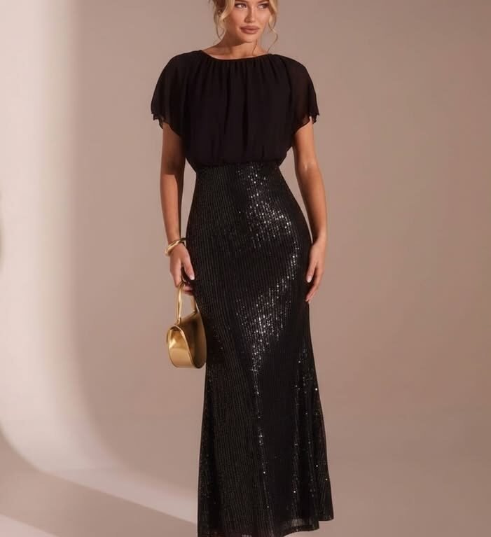 Vestido estilo sirena manga corta con lentejuelas en falda