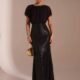 Vestido estilo sirena manga corta con lentejuelas en falda