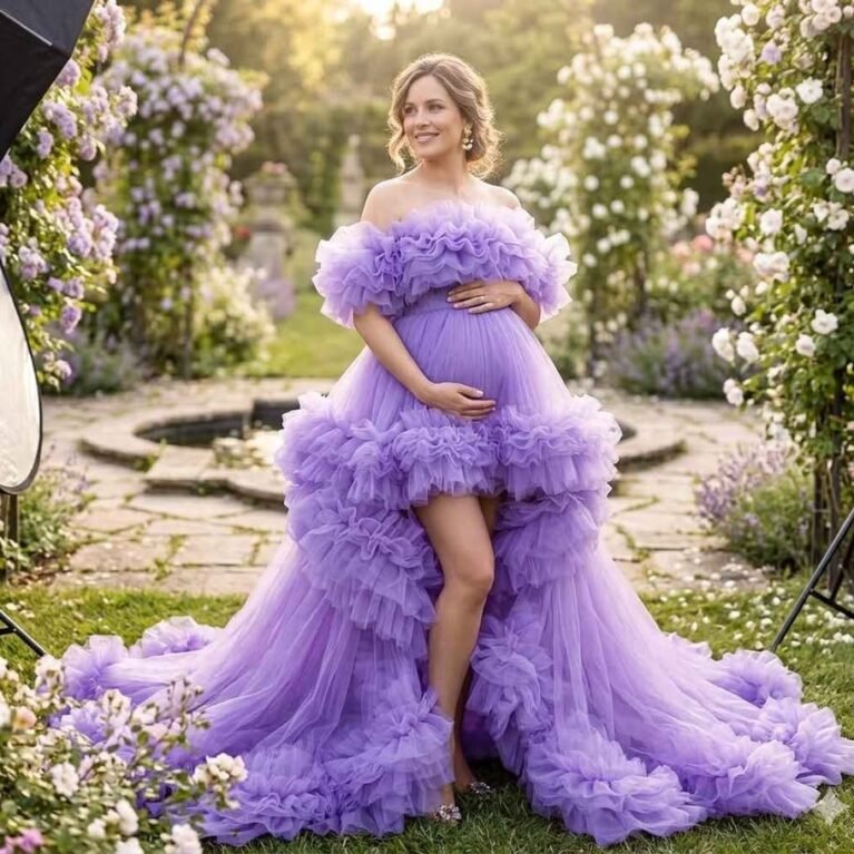Vestido maternal para sesión de fotos hombros descubiertos