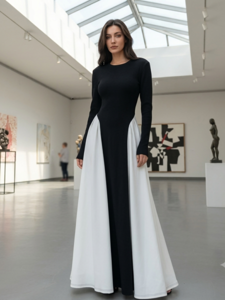 Vestido elegante manga larga volado en contraste