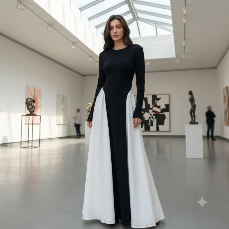Vestido elegante manga larga volado en contraste