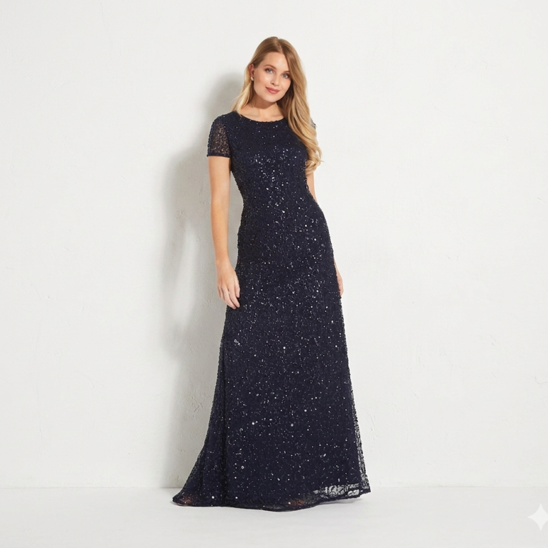 Vestido de lentejuelas ajustado manga corta con espalda en U