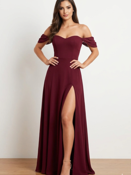 Vestido elegante de hombros caídos y abertura en muslo