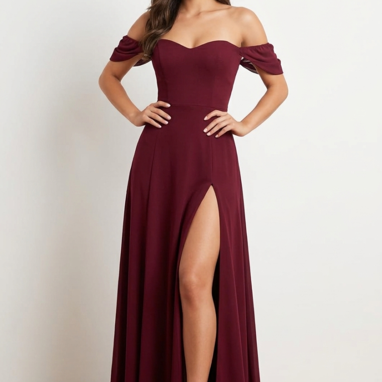 Vestido elegante de hombros caídos y abertura en muslo