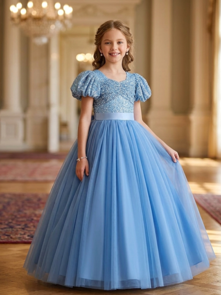 Vestido de niña largo volado con manga abullanada