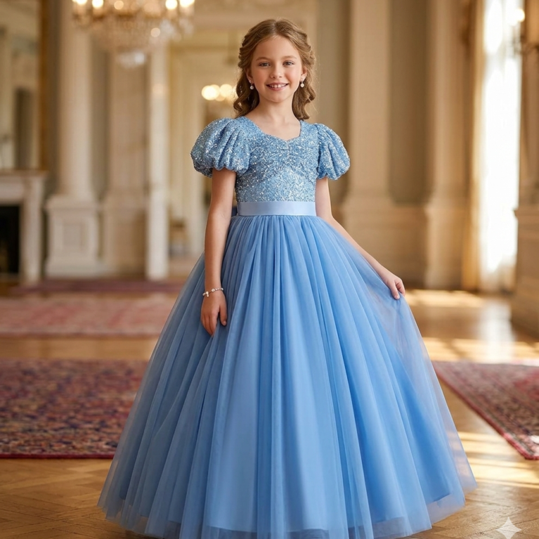 Vestido de niña largo volado con manga abullanada