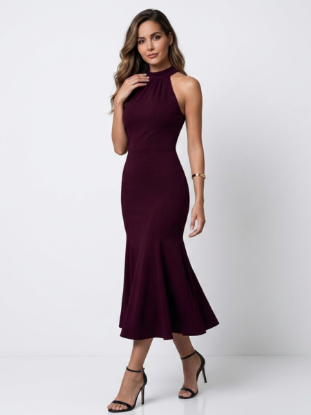 Vestido formal midi estilo sirena cuello alto sin mangas