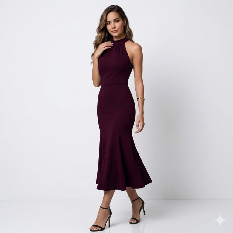 Vestido formal midi estilo sirena cuello alto sin mangas
