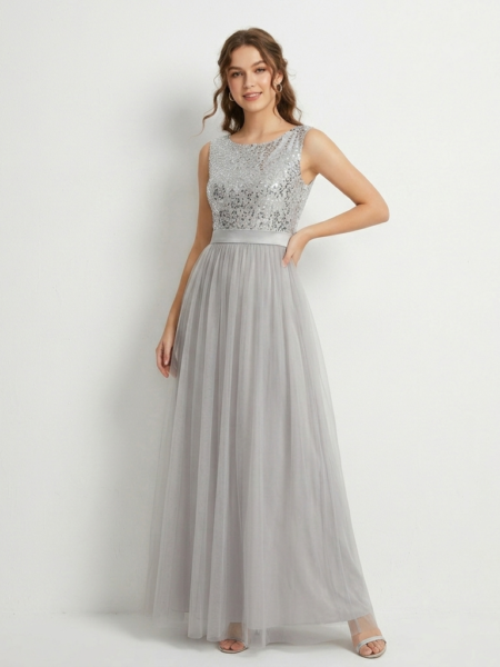 Vestido elegante de tul con lentejuelas sin mangas linea A