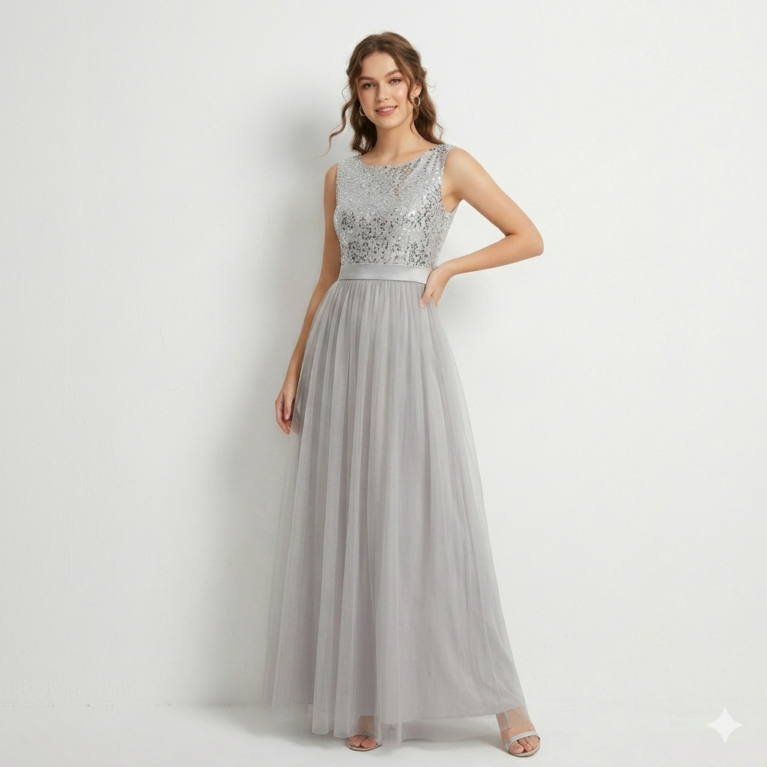 Vestido elegante de tul con lentejuelas sin mangas linea A