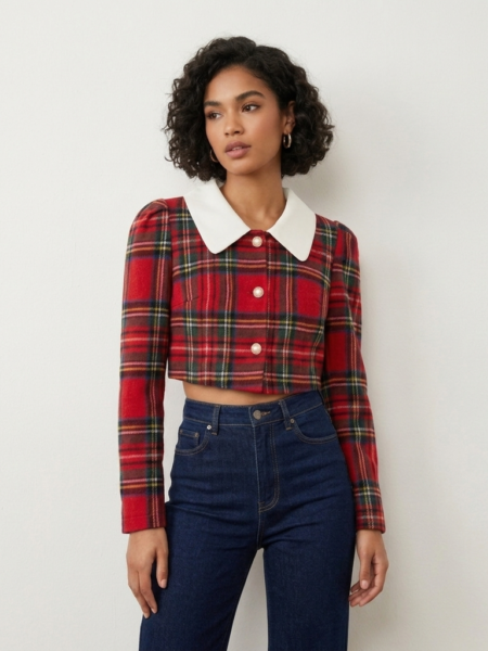 Blusa corta de botones manga larga a cuadros