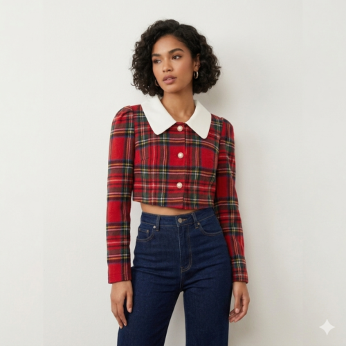 Blusa corta de botones manga larga a cuadros