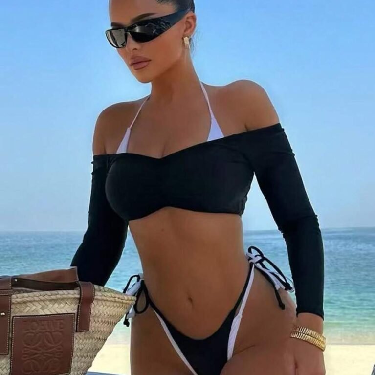 Set de bikini de 3 piezas con top manga larga, top triangulo y calzon doble nudo
