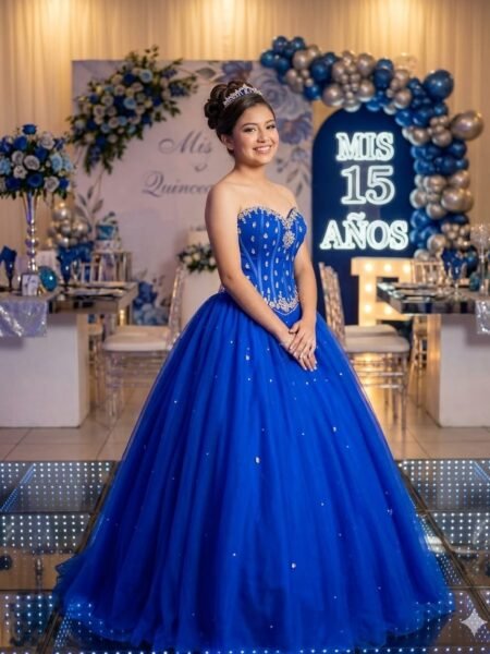 Vestido largo strappless con pedrería y cierre de corsé