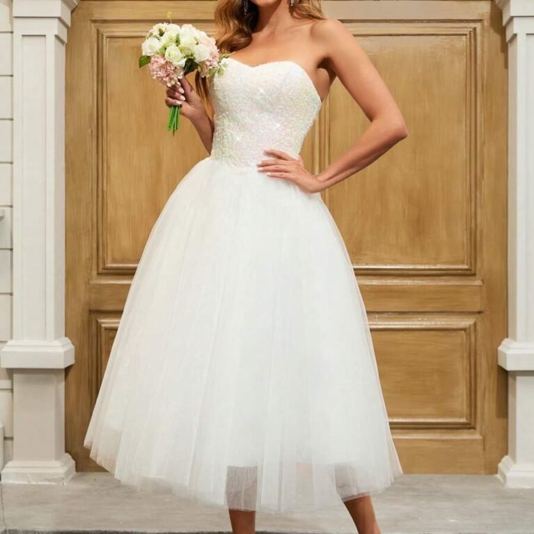 Vestido de novia midi con lentejuelas y falda volada de tul cierre corsé