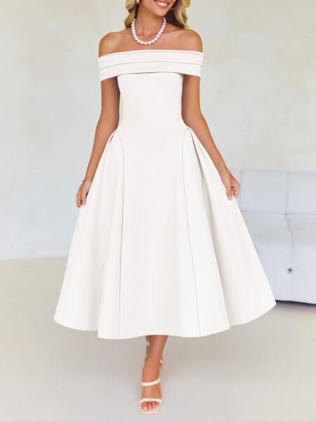 Vestido de coctel hombros descubiertos con falda amplia