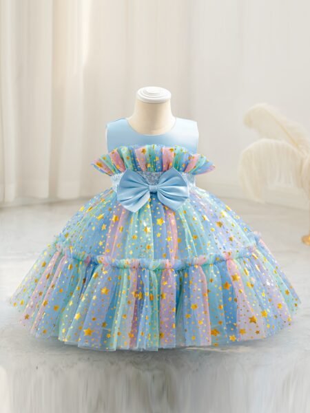 Vestido de niña estilo princesa volado de arcoiris con lazo