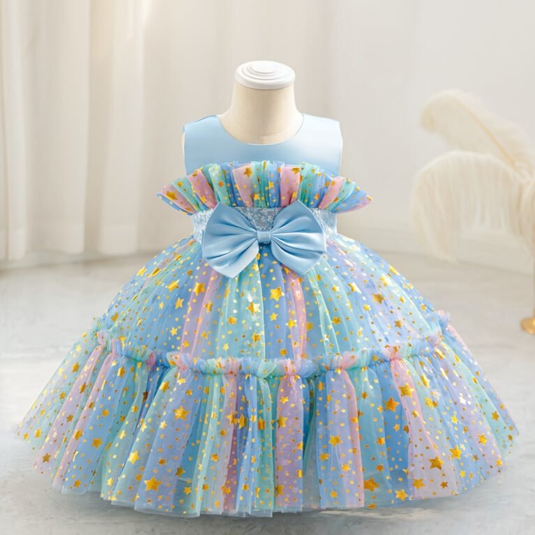 Vestido de niña estilo princesa volado de arcoiris con lazo