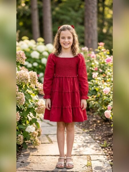 Vestido corto de niña fruncido manga larga