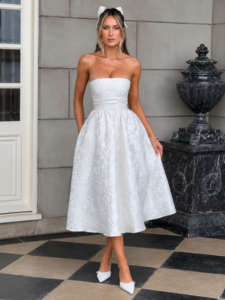 Vestido midi strappless de falda amplia bordada de flores