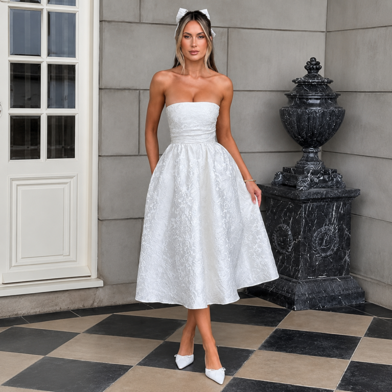 Vestido midi strappless de falda amplia bordada de flores