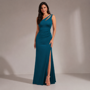 Vestido largo ajustado con abertura en muslo de un hombro