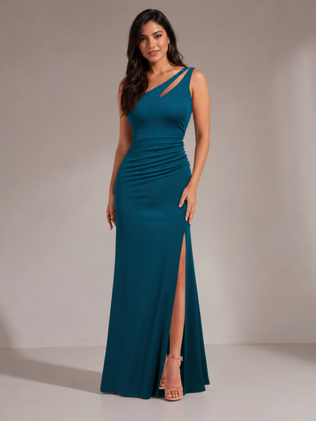 Vestido largo ajustado con abertura en muslo de un hombro