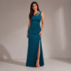 Vestido largo ajustado con abertura en muslo de un hombro