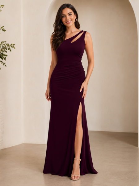 Vestido largo ajustado con abertura en muslo de un hombro