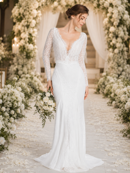 Vestido de novia de encaje manga larga escote V y espalda abierta