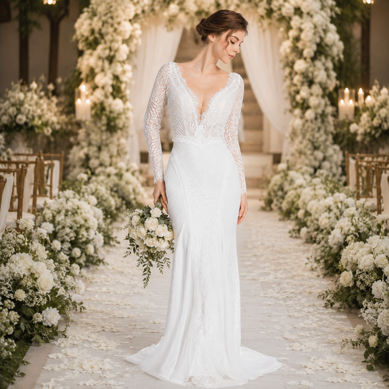 Vestido de novia de encaje manga larga escote V y espalda abierta