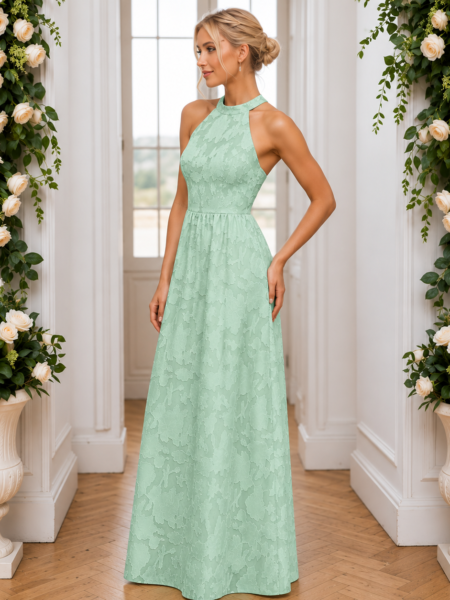 Vestido largo cuello alto con cierre de corsé con flores bordadas