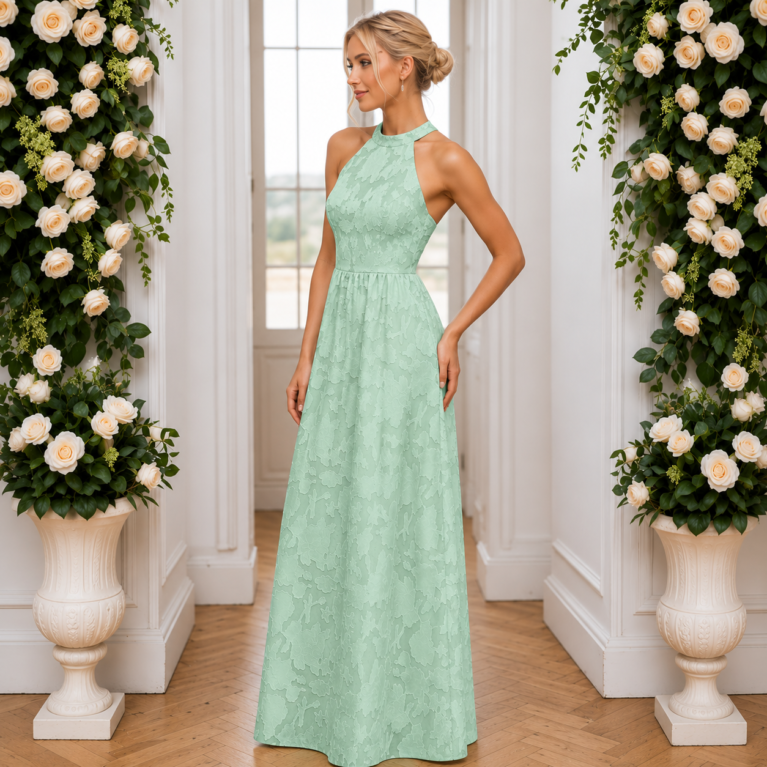 Vestido largo cuello alto con cierre de corsé con flores bordadas