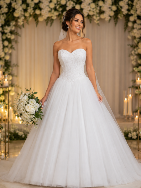 Vestido de novia strappless estilo princesa con avalorios y cierre corsé