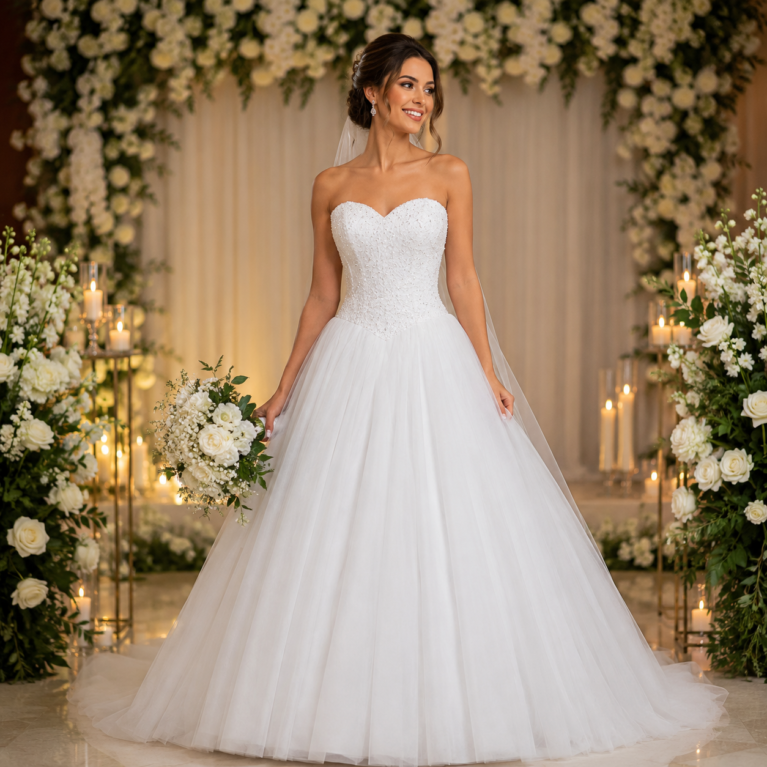 Vestido de novia strappless estilo princesa con avalorios y cierre corsé