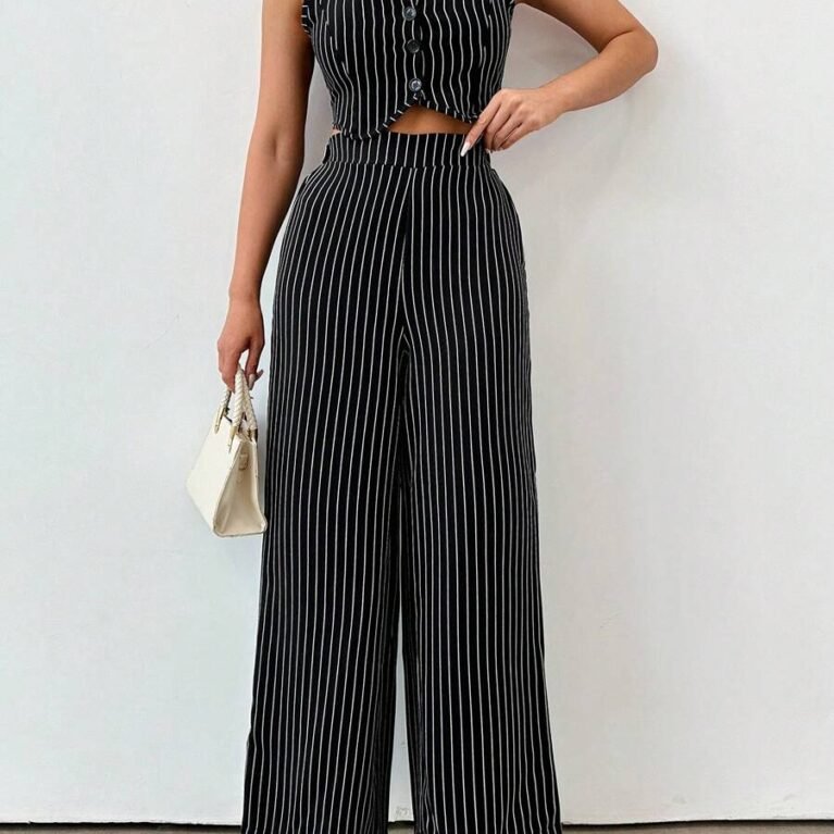 Conjunto de pantalon ancho y chaleco corto de rayas