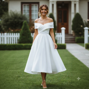 Vestido midi de satén hombros descubiertos de corsé con bolsillos