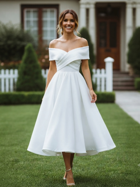 Vestido midi de satén hombros descubiertos de corsé con bolsillos