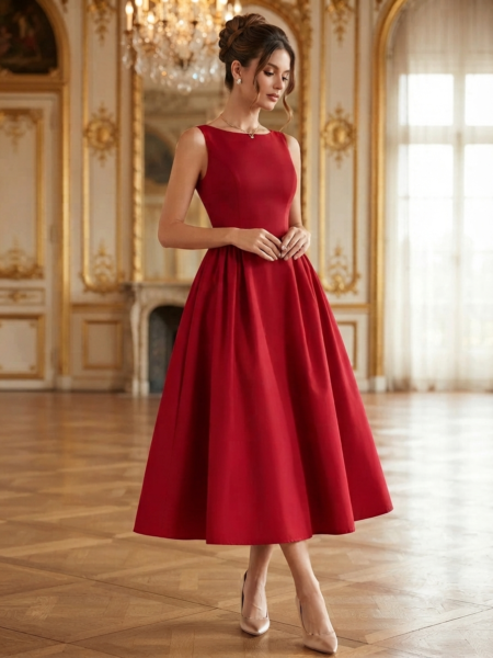 Vestido midi elegante de falda amplia espalda en U