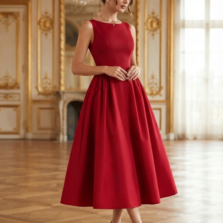 Vestido midi elegante de falda amplia espalda en U