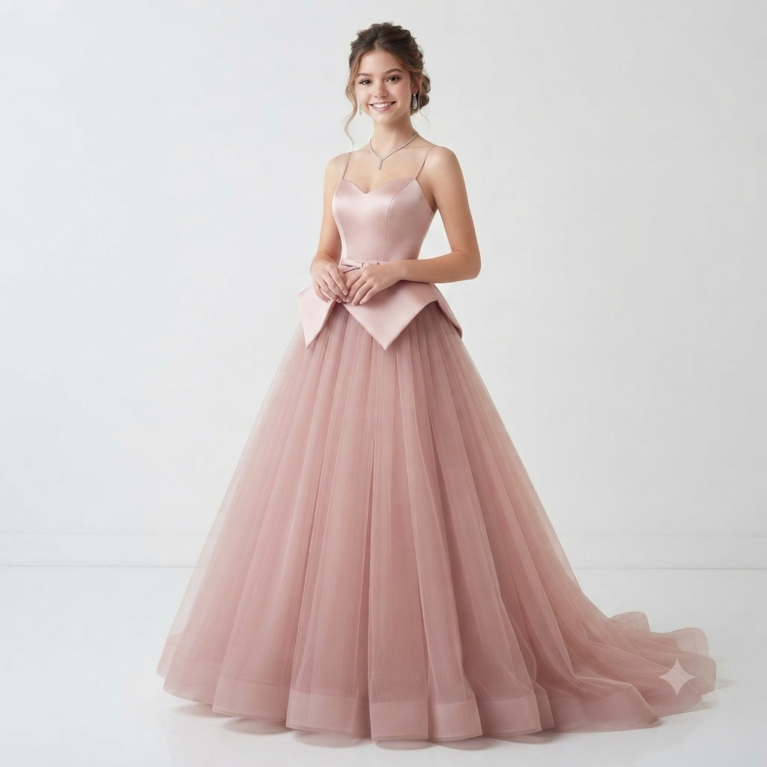 Vestido de quinceaños estilo princesa de satén y tul con tirantes y cola