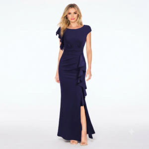 Vestido largo estilo sirena con volantes y abertura en muslo