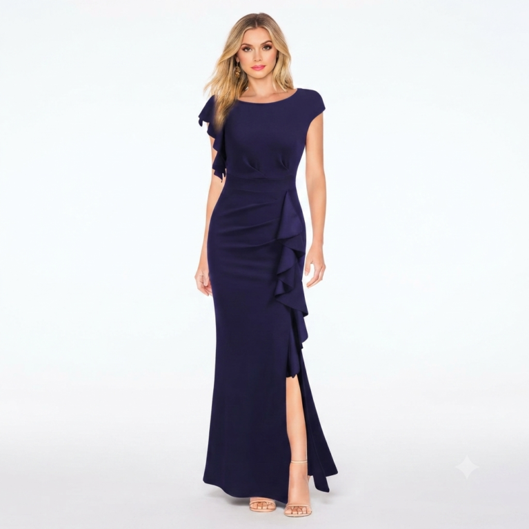 Vestido largo estilo sirena con volantes y abertura en muslo