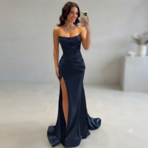 Vestido largo de saten con corsé y lentejuelas abertura en muslo