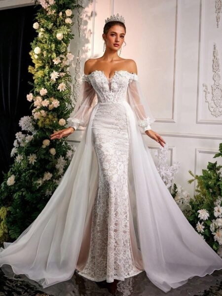 Vestido de novia de encaje estilo sirena de hombros descubiertos
